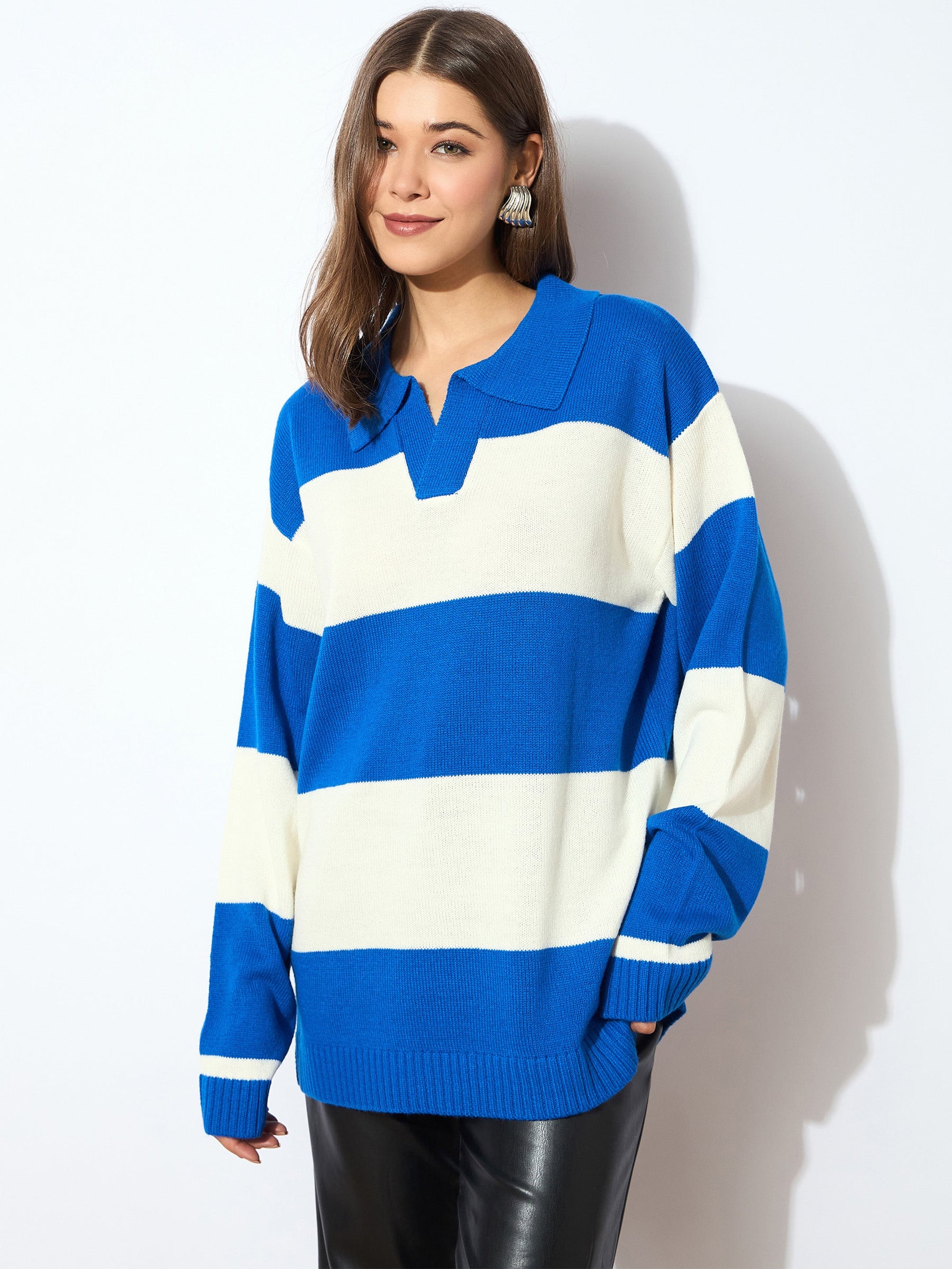 Blue And White Polo Neck Sweater -SASSAFRAS