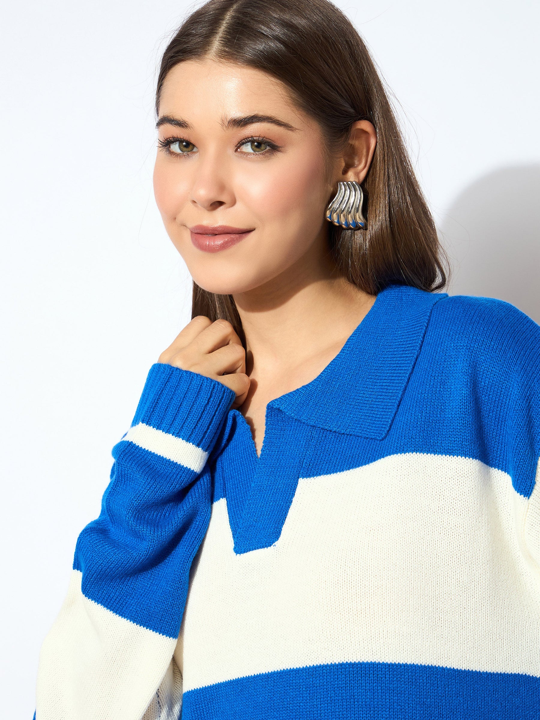 Blue And White Polo Neck Sweater -SASSAFRAS