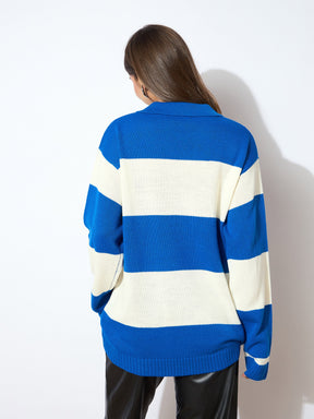 Blue And White Polo Neck Sweater -SASSAFRAS