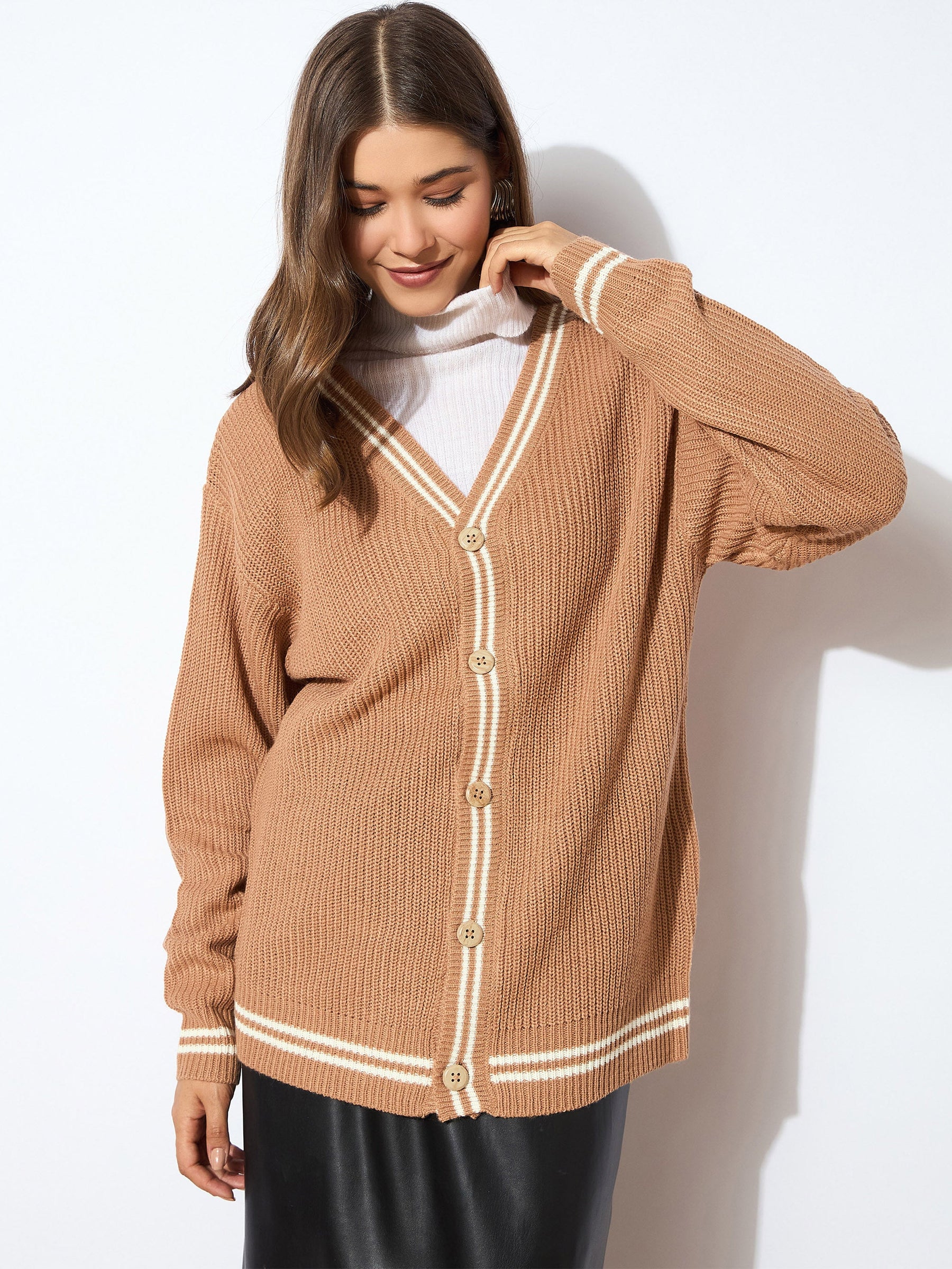Women Beige Front Button Oversized Cardigan - Main Image
