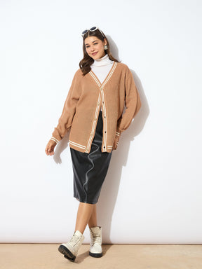 Beige Front Button Oversized Cardigan -SASSAFRAS