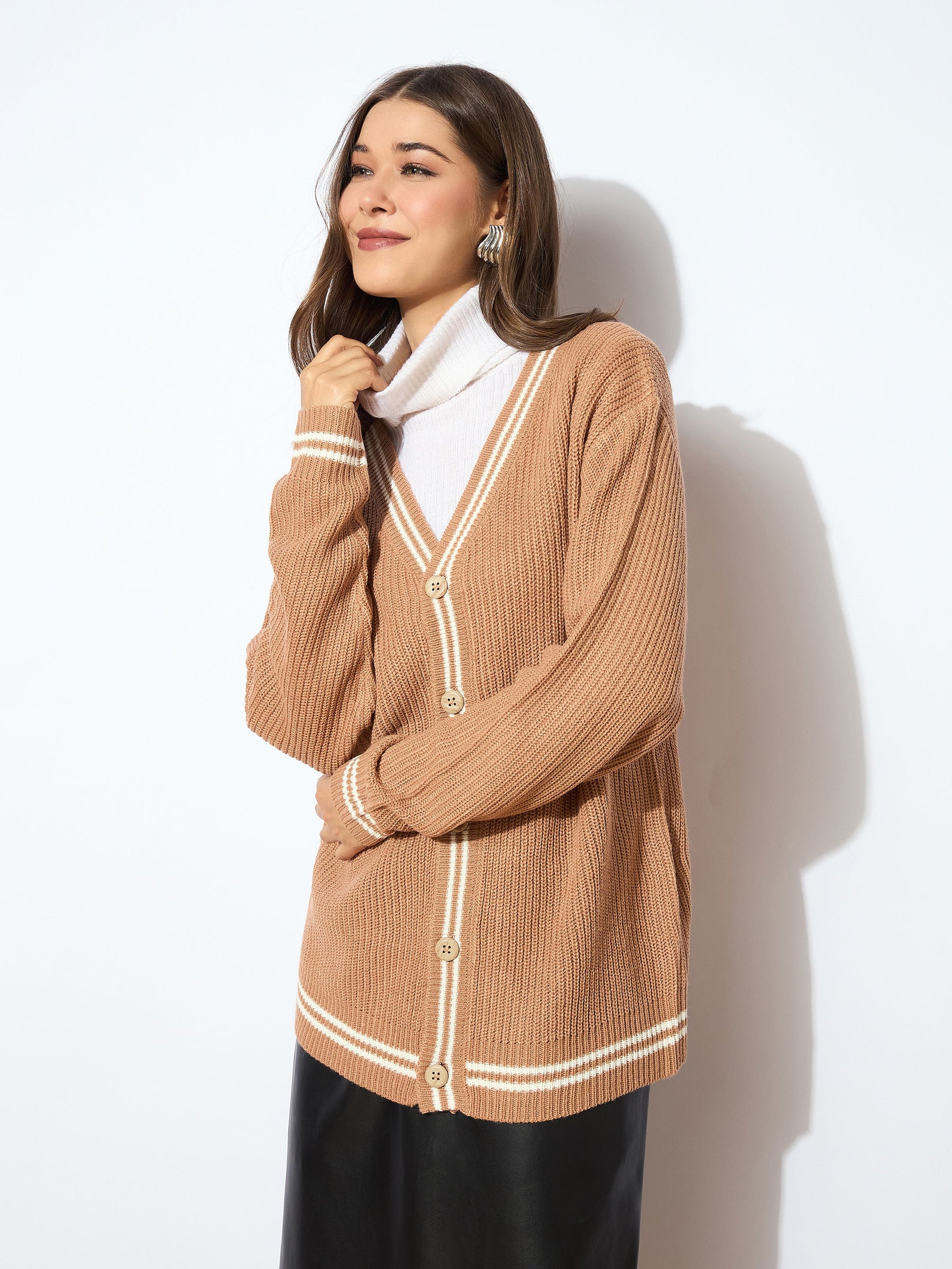 Beige Front Button Oversized Cardigan -SASSAFRAS