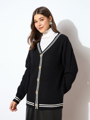 Black Front Button Oversized Cardigan -SASSAFRAS