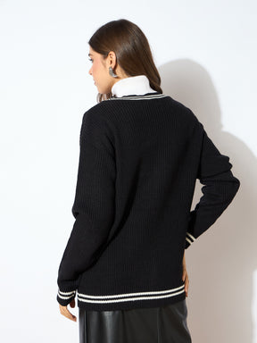 Black Front Button Oversized Cardigan -SASSAFRAS