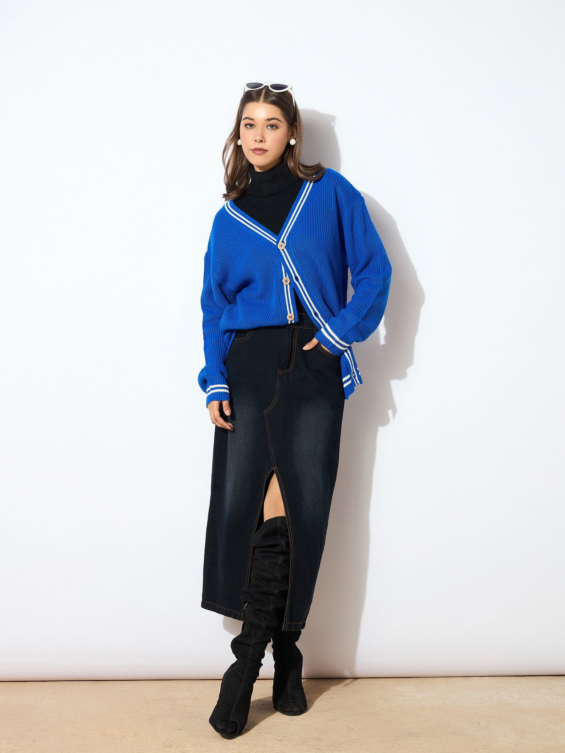 Blue Front Button Oversized Cardigan -SASSAFRAS