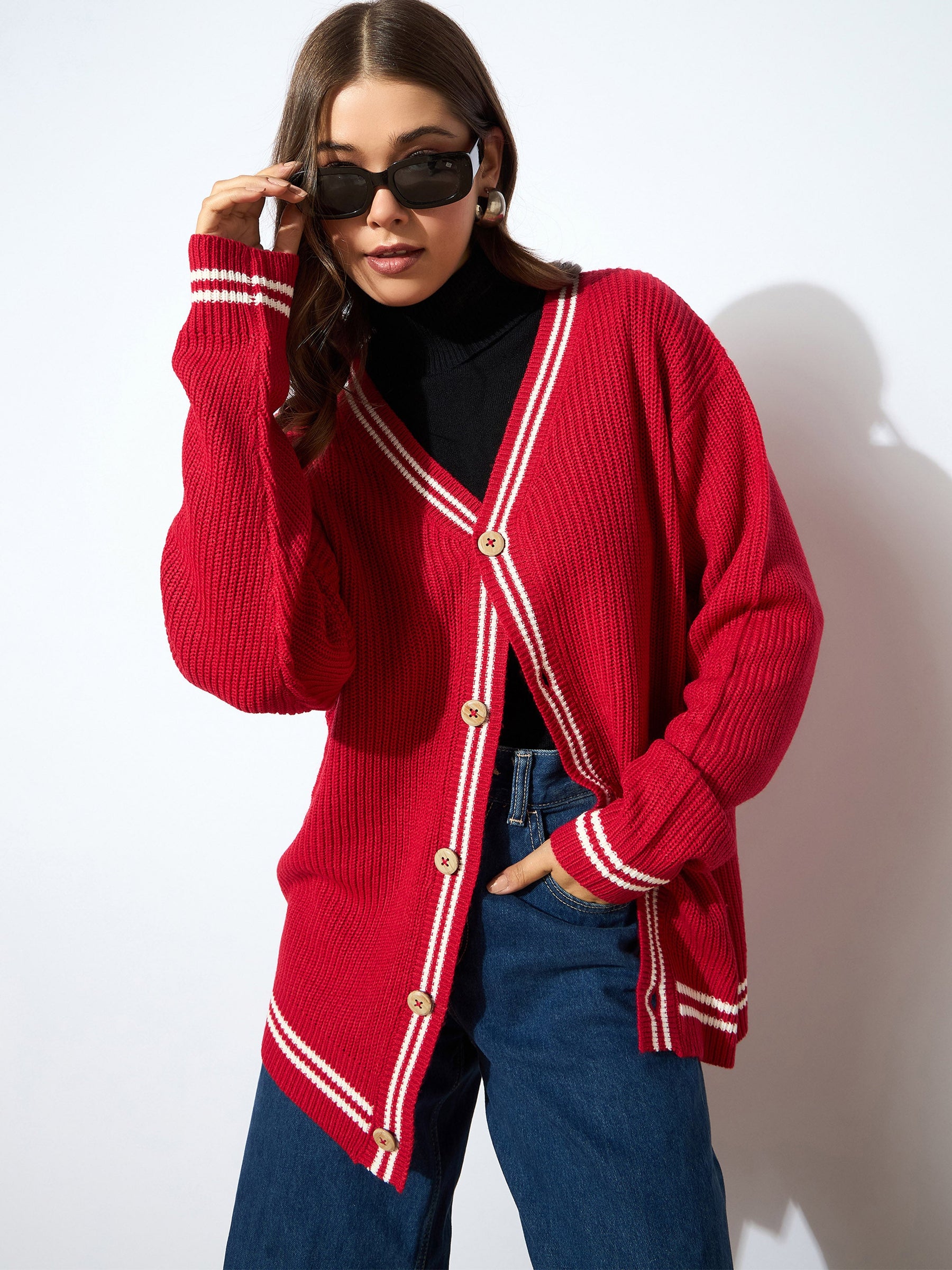 Red Front Button Oversized Cardigan -SASSAFRAS