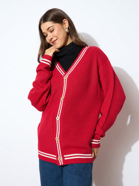 Red Front Button Oversized Cardigan -SASSAFRAS