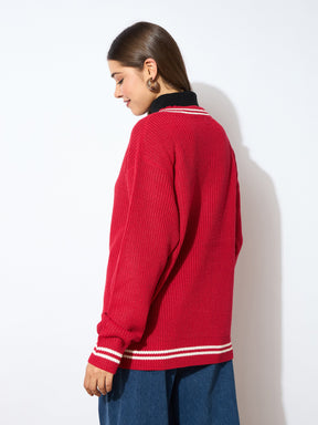 Red Front Button Oversized Cardigan -SASSAFRAS