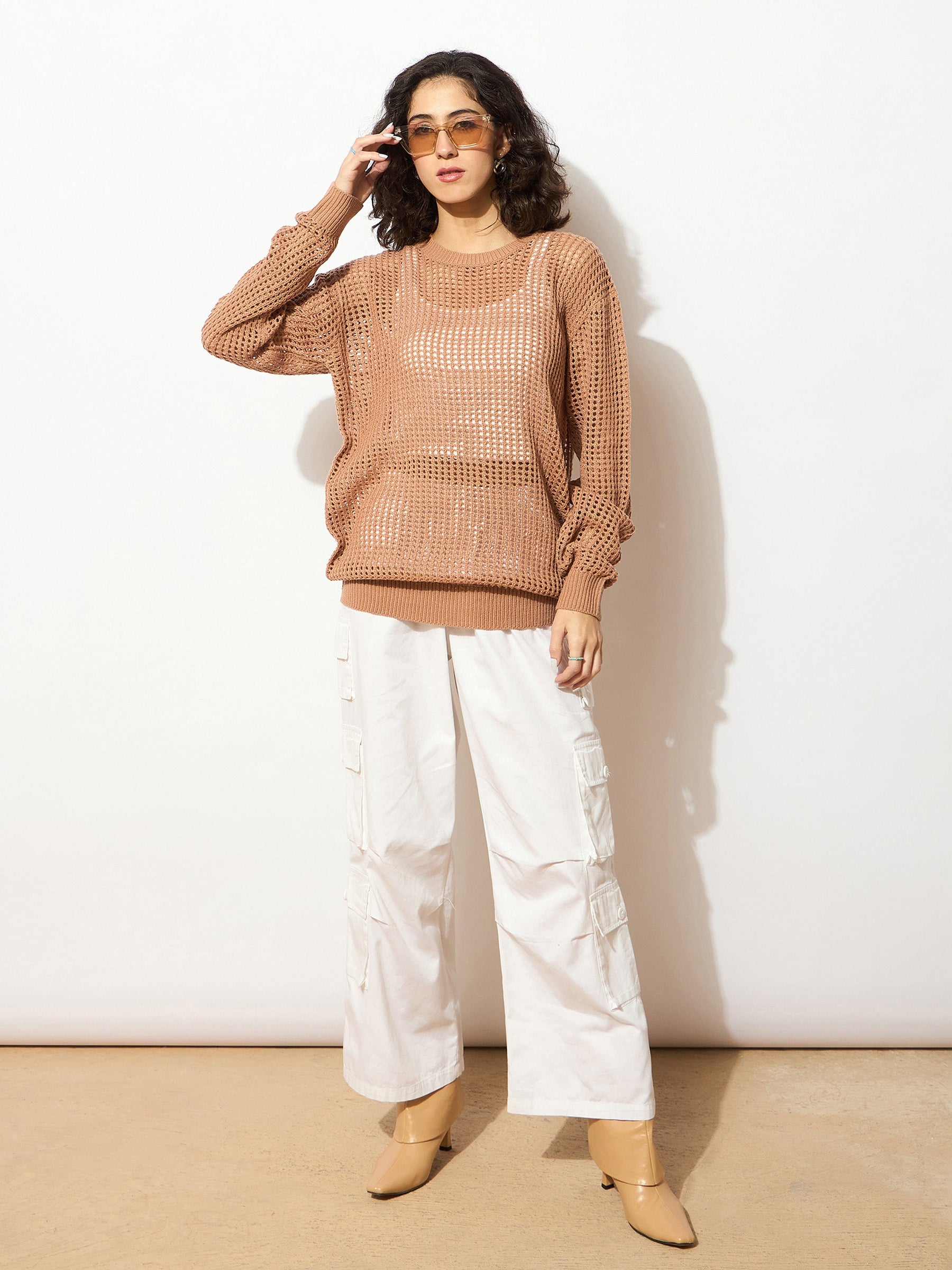 Beige Oversized Crochet Sweater -SASSAFRAS