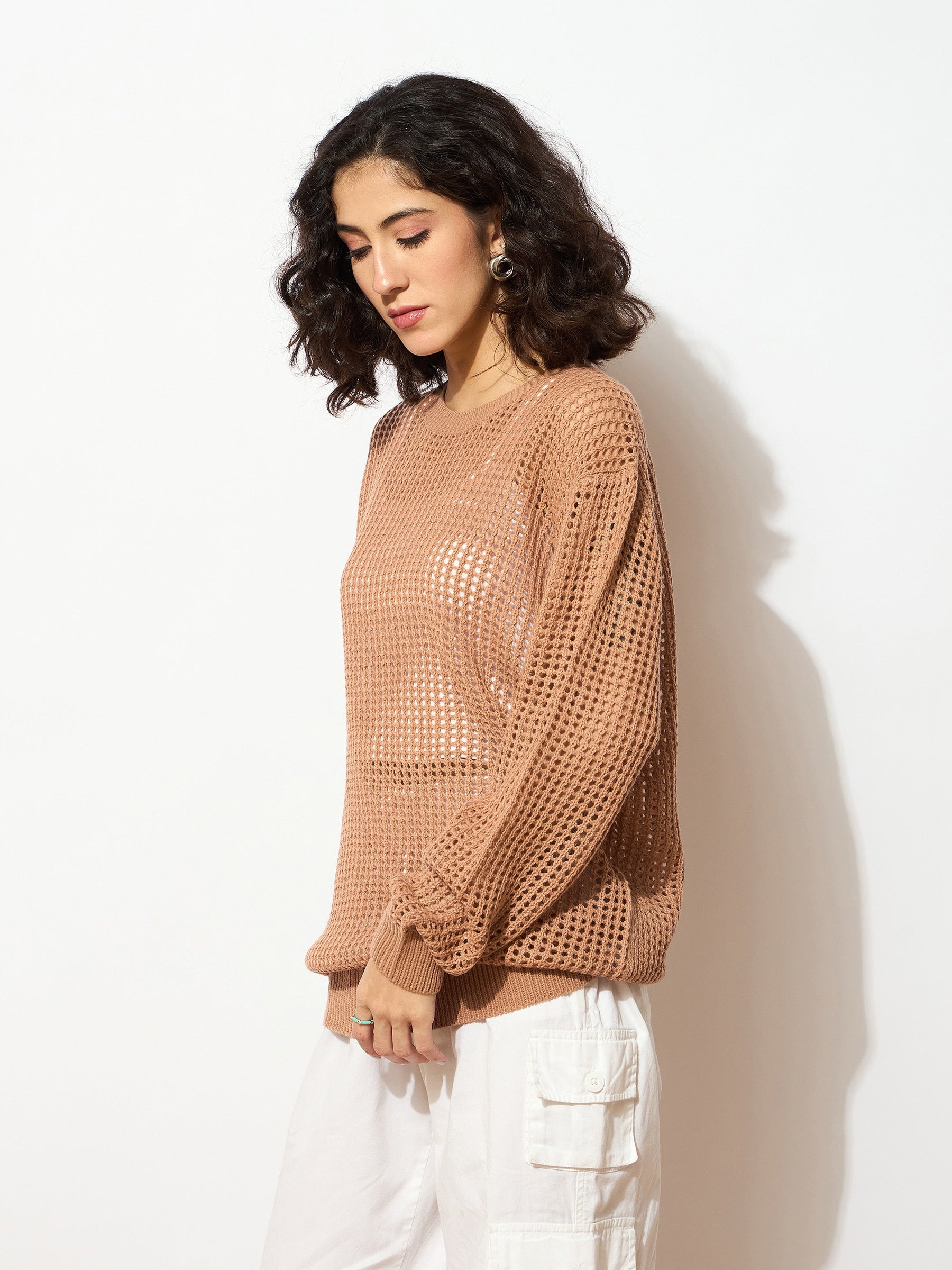 Beige Oversized Crochet Sweater -SASSAFRAS