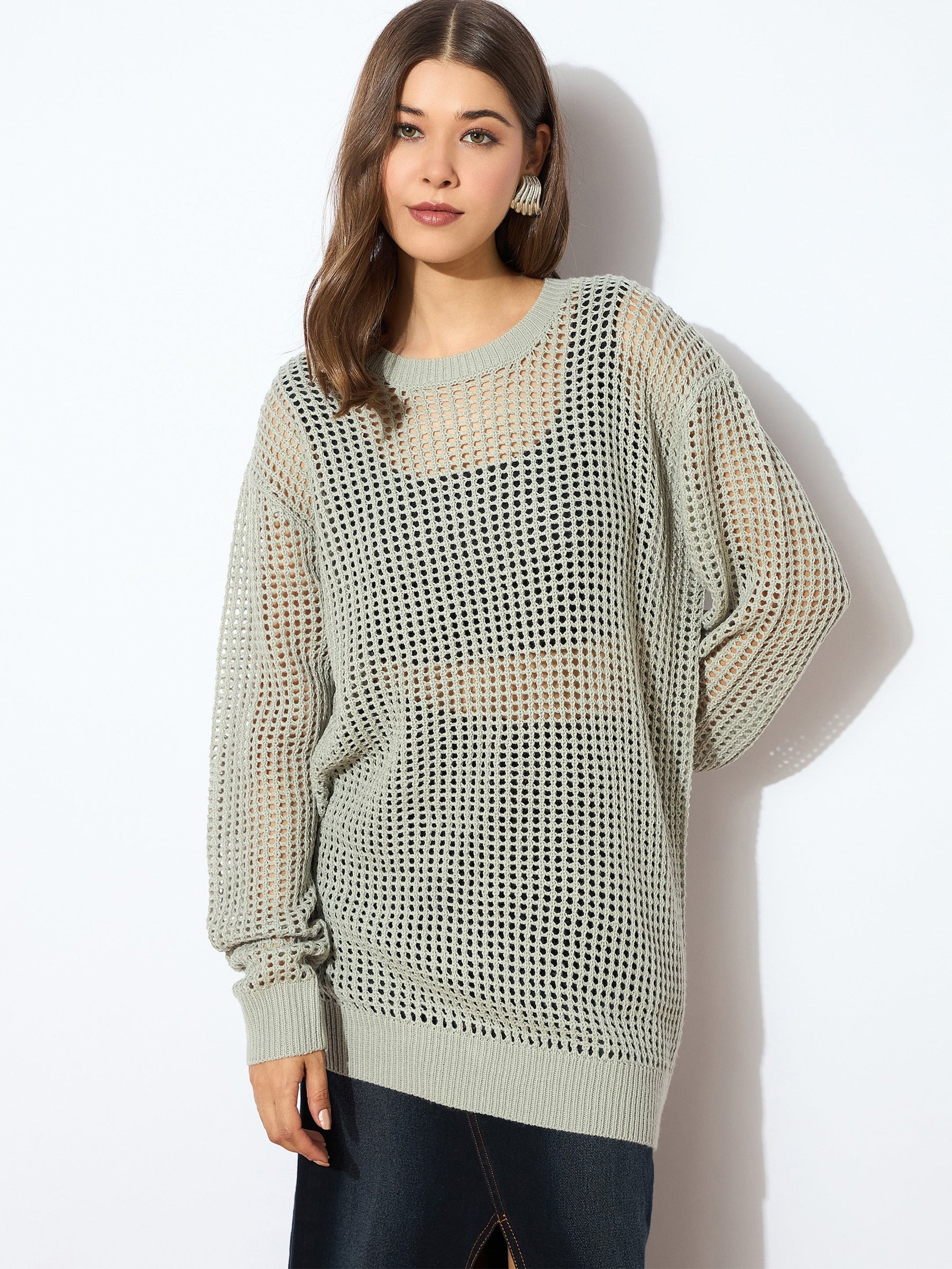 Grey Oversized Crochet Sweater -SASSAFRAS