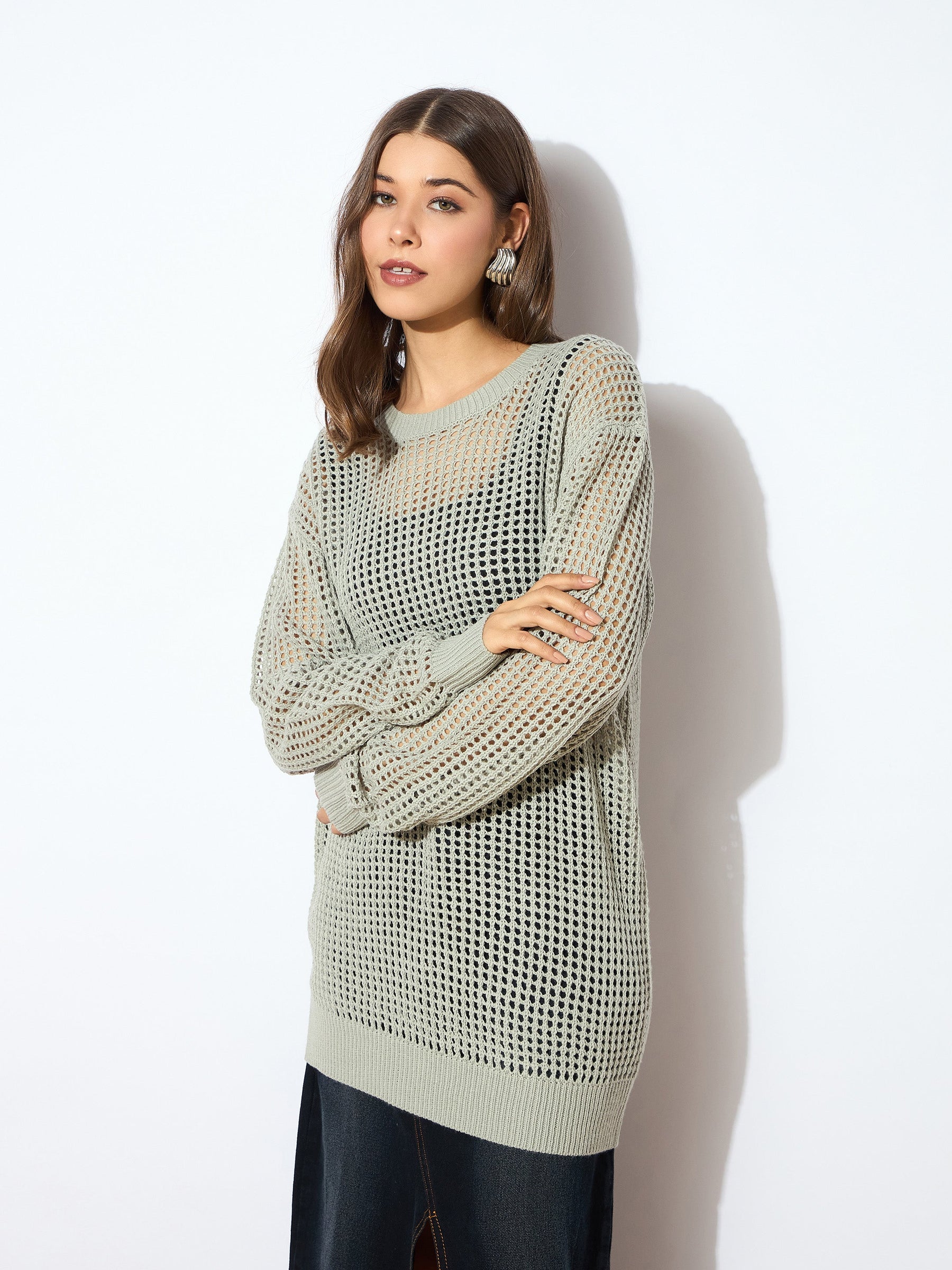 Grey Oversized Crochet Sweater -SASSAFRAS