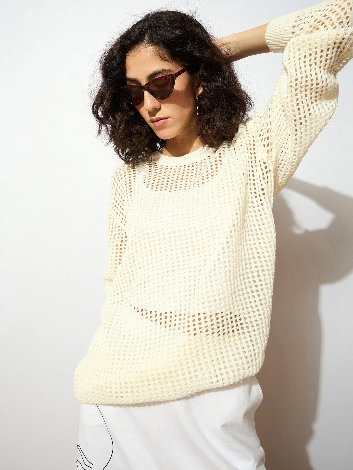 Off White Oversized Crochet Sweater -SASSAFRAS