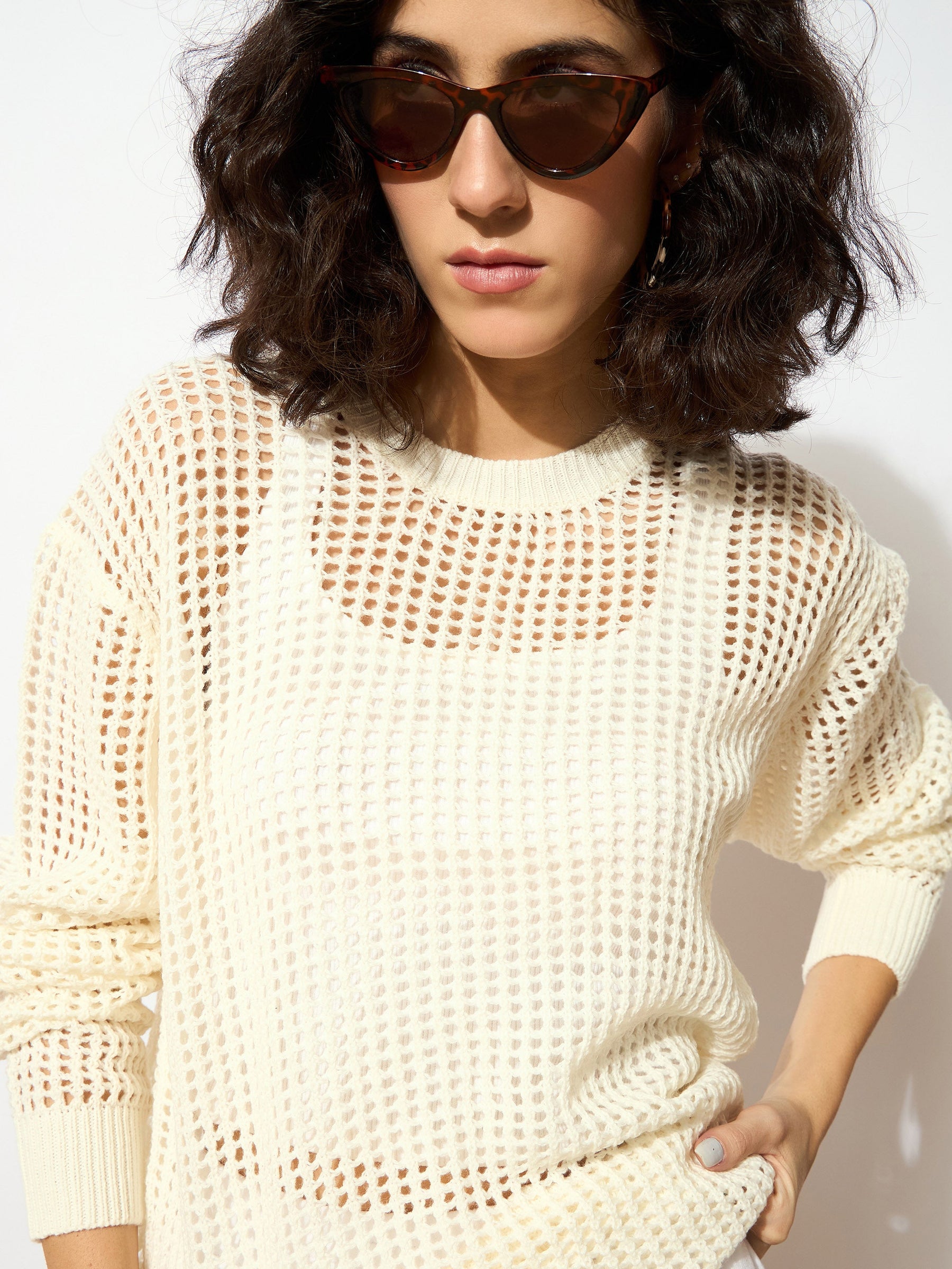 Off White Oversized Crochet Sweater -SASSAFRAS