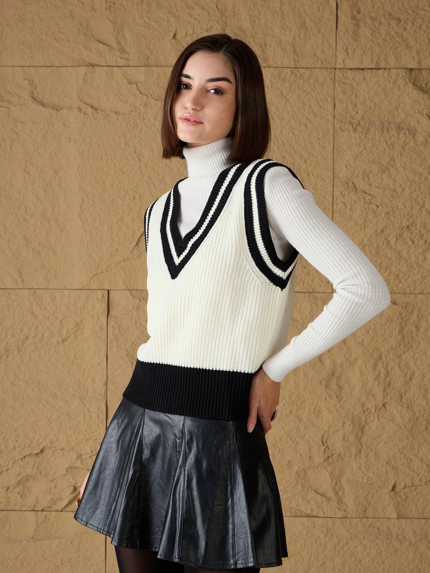 Black & White Striped V-Neck Sweater Vest-SASSAFRAS