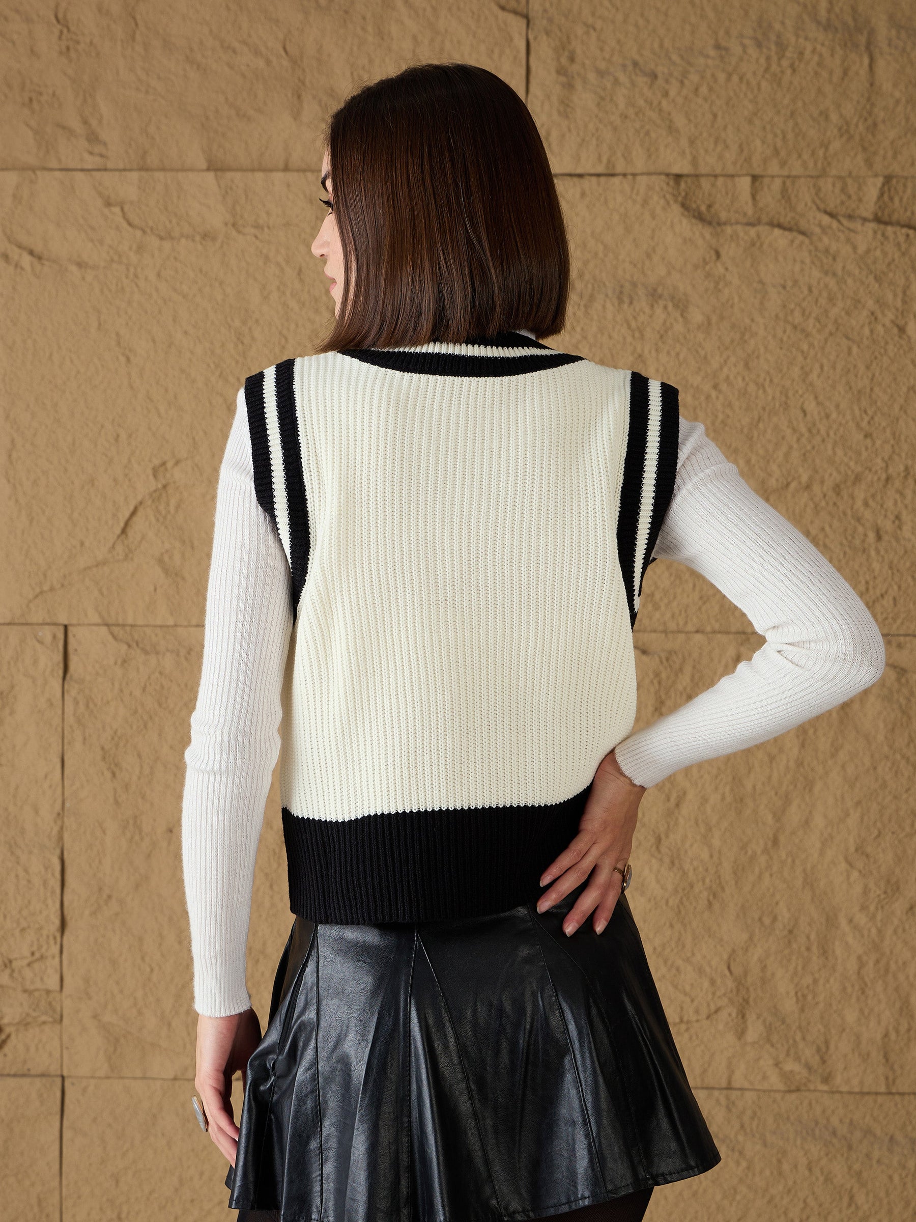 Black & White Striped V-Neck Sweater Vest-SASSAFRAS