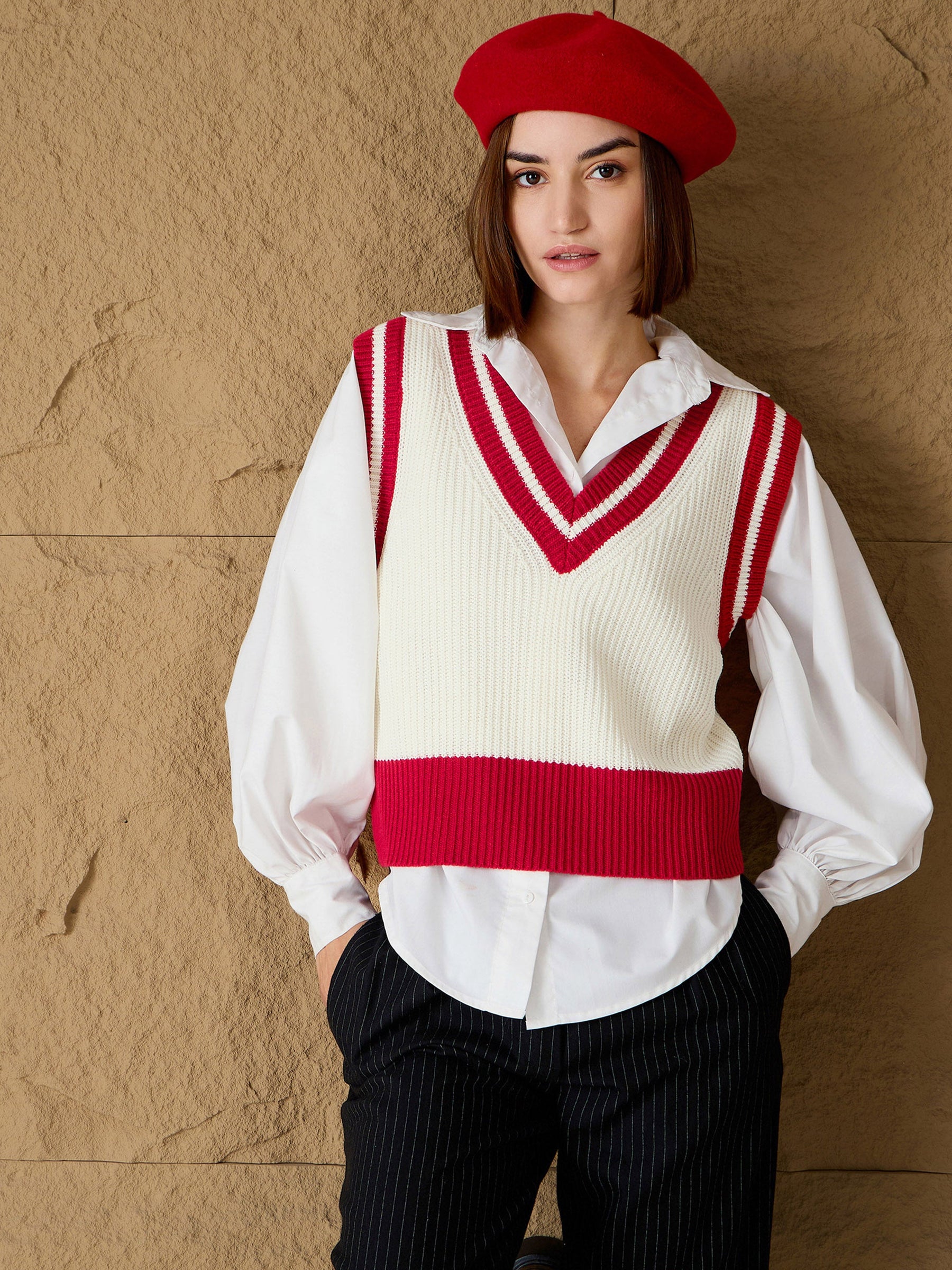 Women Red White Striped V-Neck Sweater Vest - Main Image