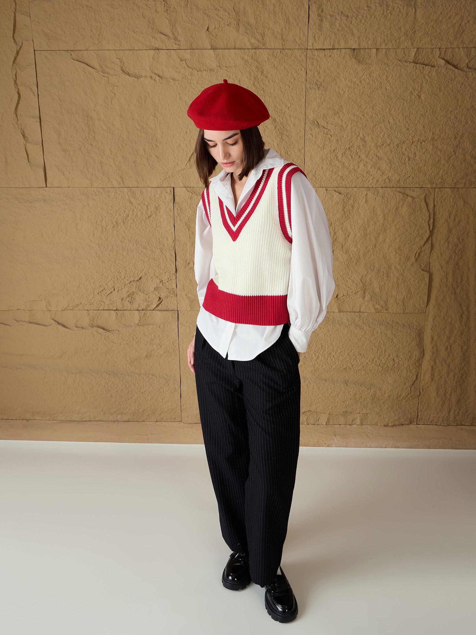 Red & White Striped V-Neck Sweater Vest-SASSAFRAS