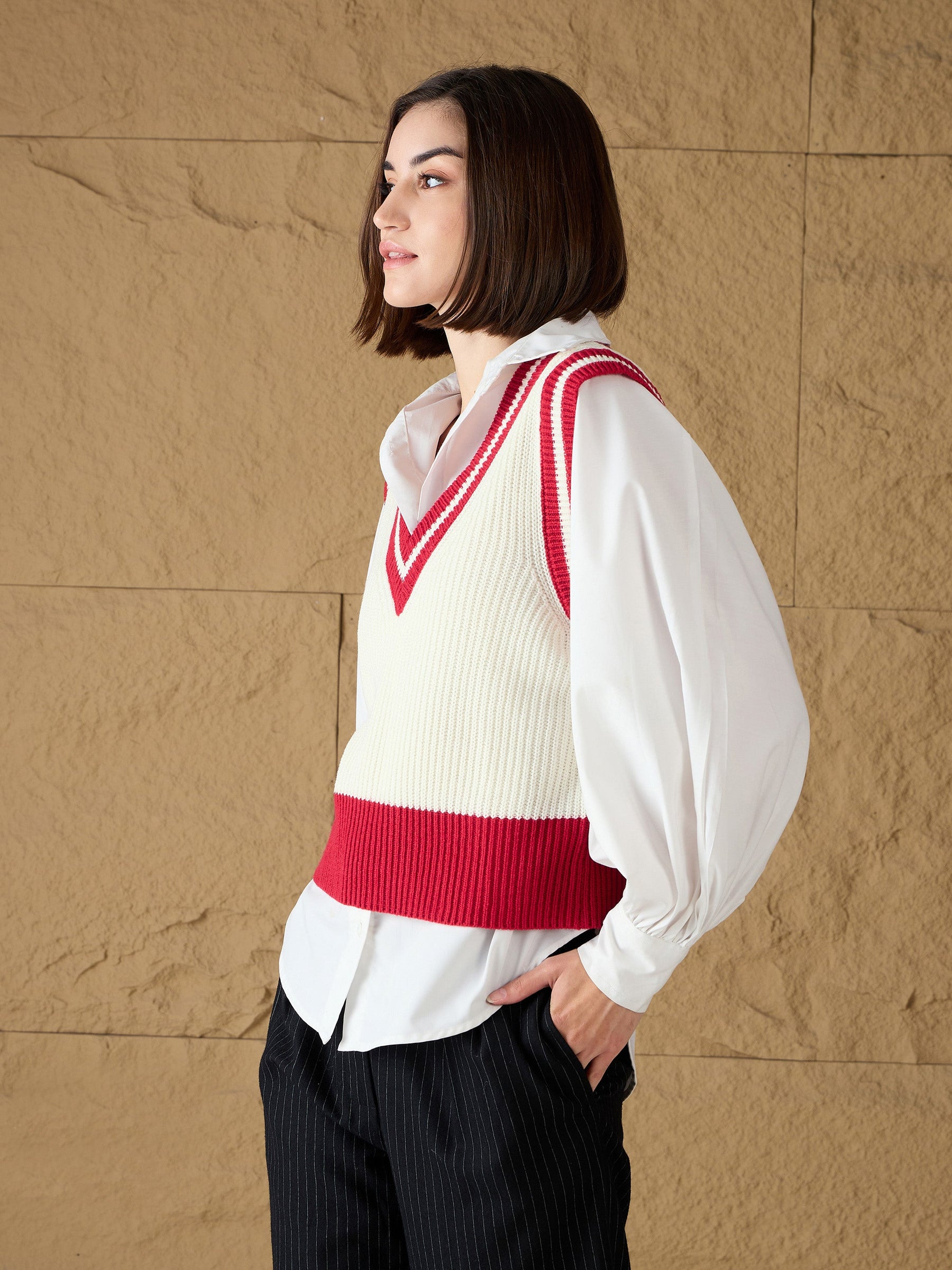 Red & White Striped V-Neck Sweater Vest-SASSAFRAS