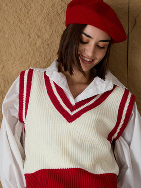 Red & White Striped V-Neck Sweater Vest-SASSAFRAS