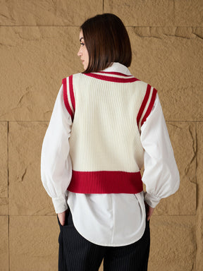 Red & White Striped V-Neck Sweater Vest-SASSAFRAS