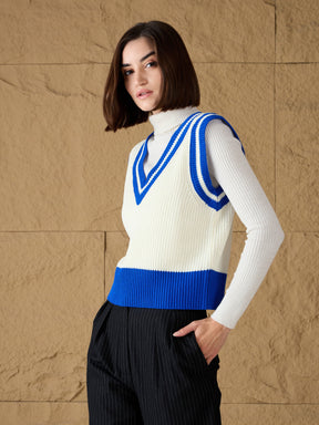 Royal Blue & White Striped V-Neck Sweater Vest-SASSAFRAS