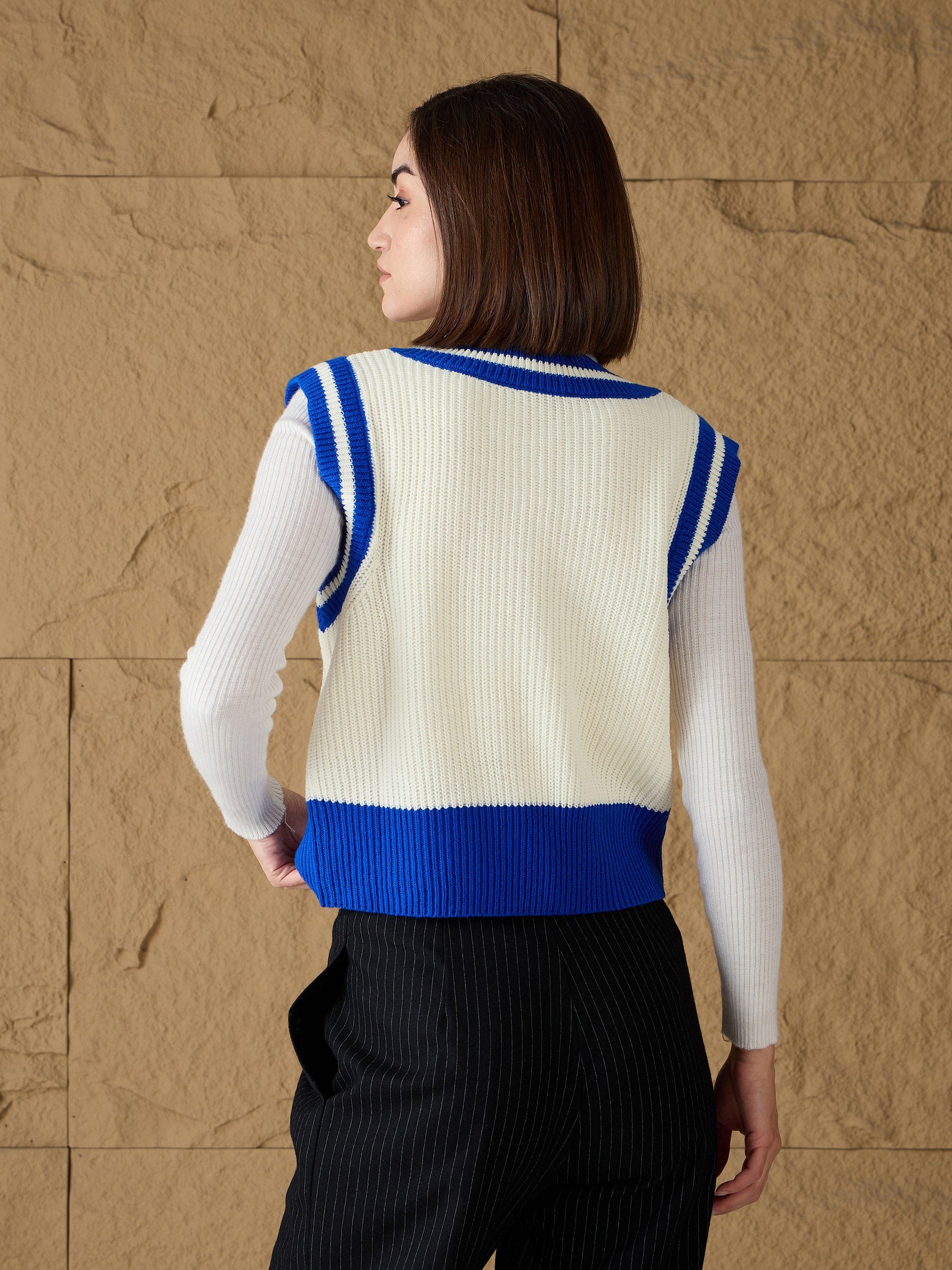 Royal Blue & White Striped V-Neck Sweater Vest-SASSAFRAS