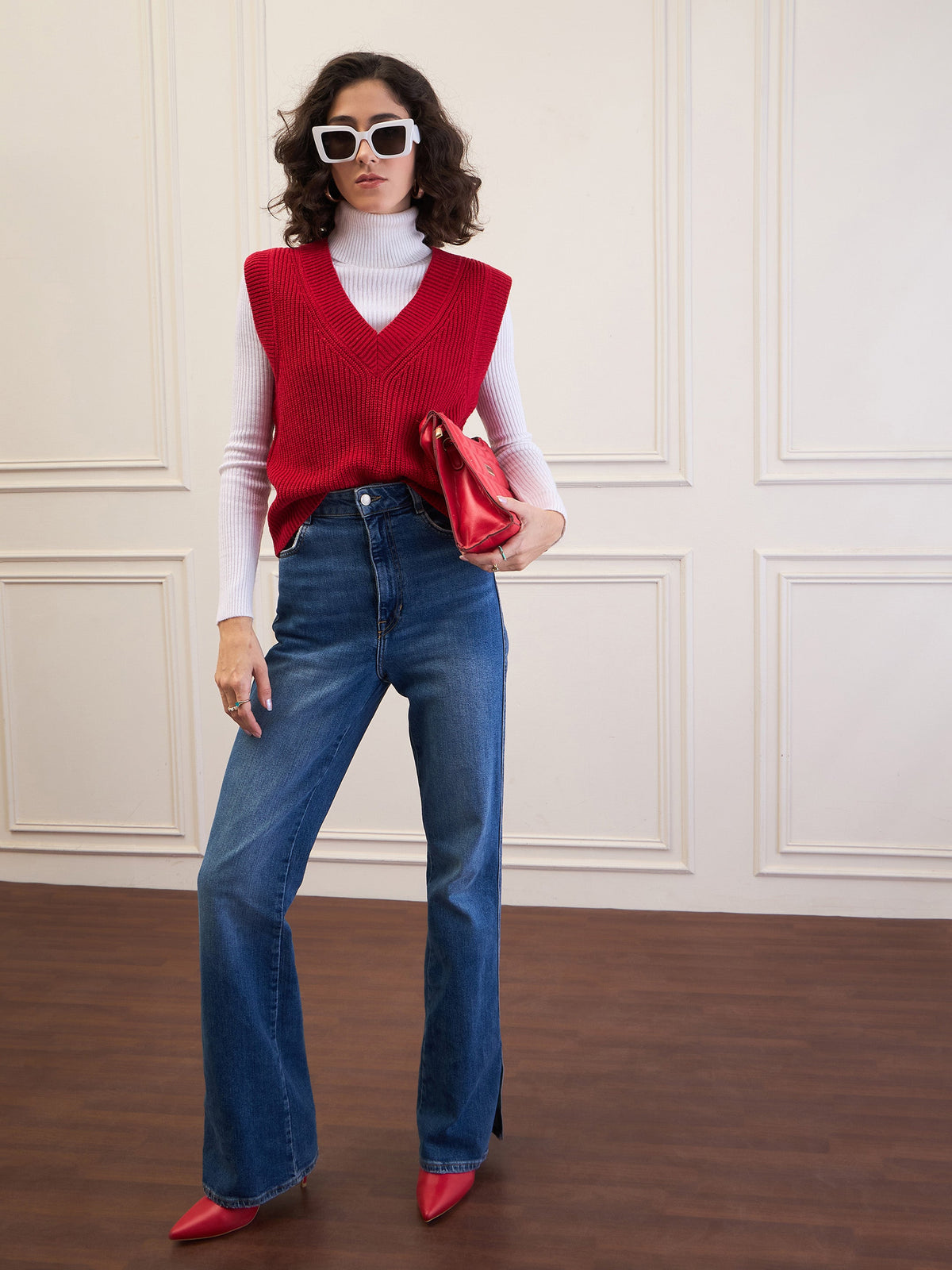 Red Solid V-Neck Sweater Vest-SASSAFRAS