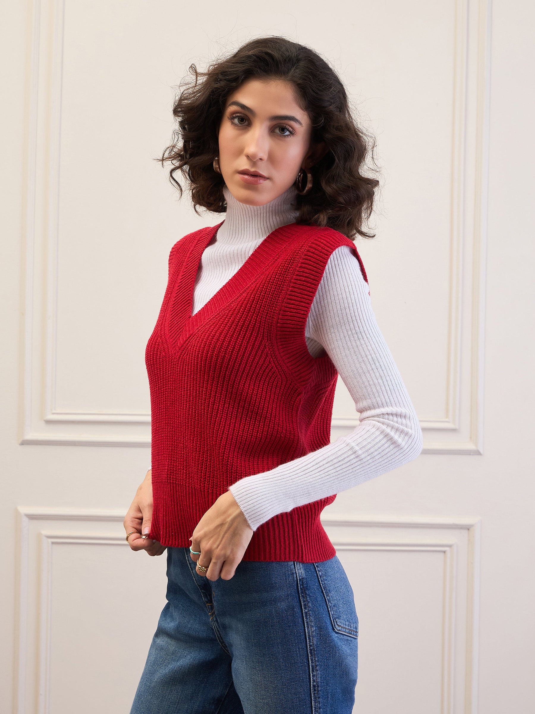 Red Solid V-Neck Sweater Vest-SASSAFRAS