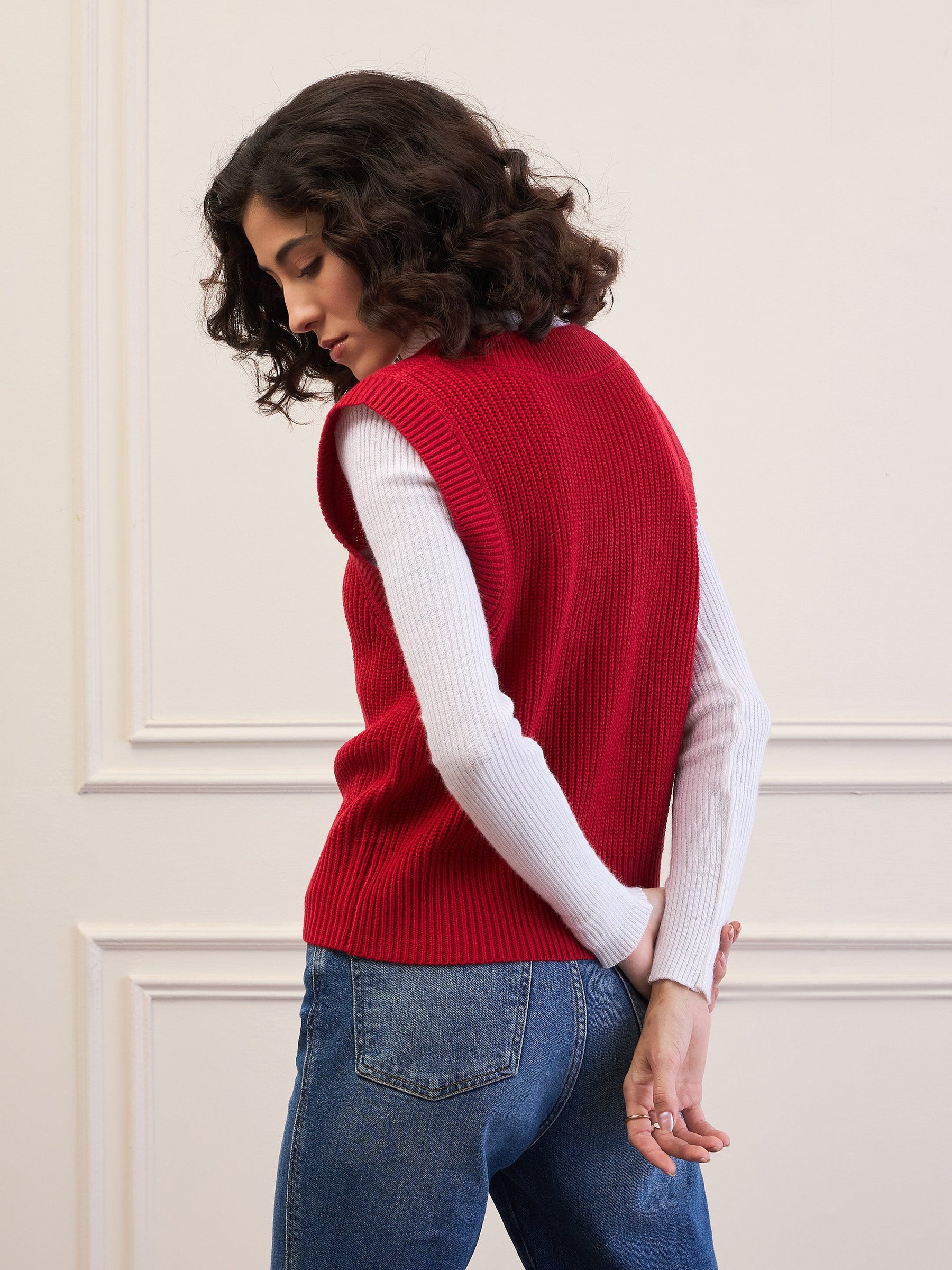 Red Solid V-Neck Sweater Vest-SASSAFRAS