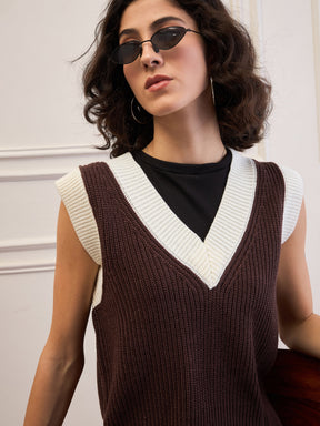 Brown & White Solid V-Neck Sweater Vest-SASSAFRAS