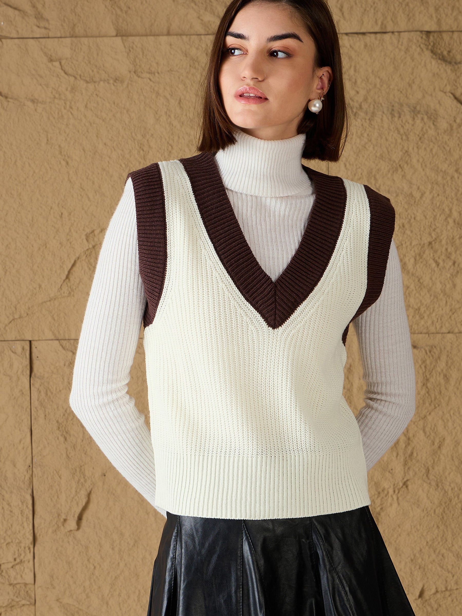 Buy White Brown Solid V-Neck Sweater Vest Online At Best Price