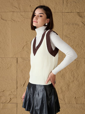 White & Brown Solid V-Neck Sweater Vest-SASSAFRAS