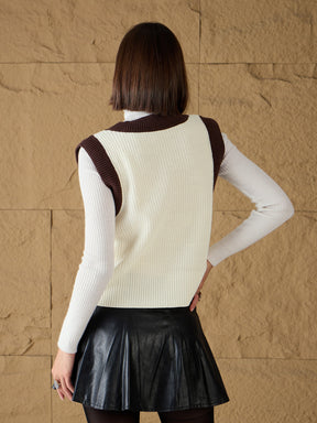 White & Brown Solid V-Neck Sweater Vest-SASSAFRAS