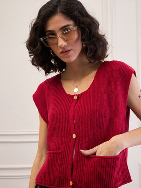 Red Front Button Extended Sleeves Pocket Sweater -SASSAFRAS