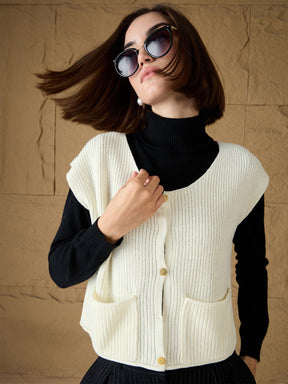 White Front Button Extended Sleeves Pocket Sweater -SASSAFRAS