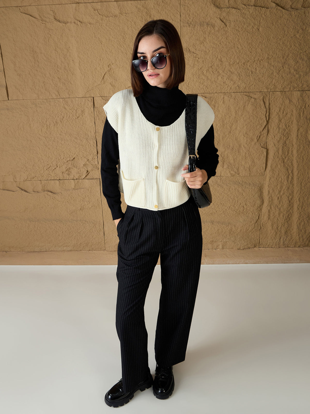 White Front Button Extended Sleeves Pocket Sweater -SASSAFRAS