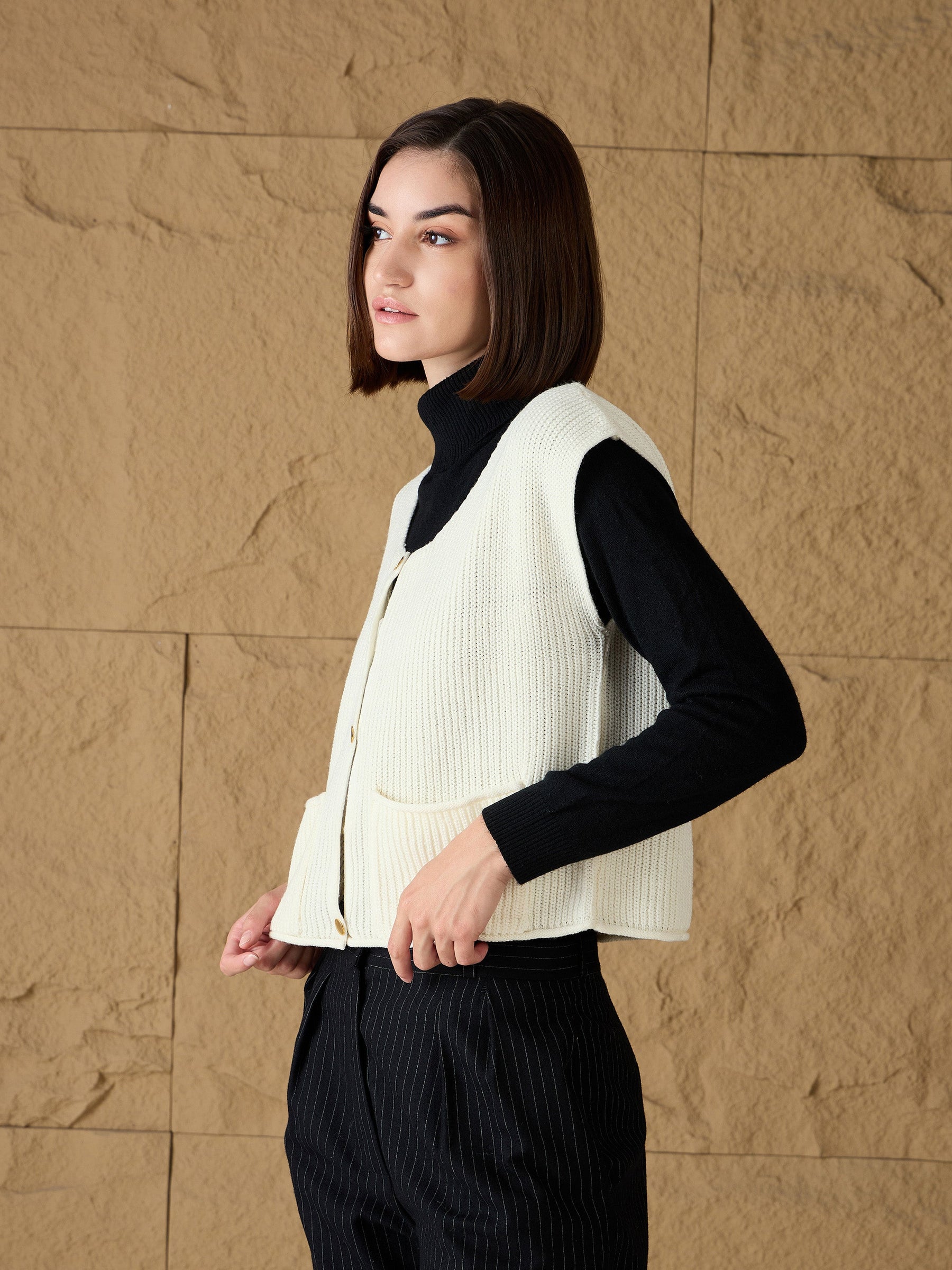 White Front Button Extended Sleeves Pocket Sweater -SASSAFRAS