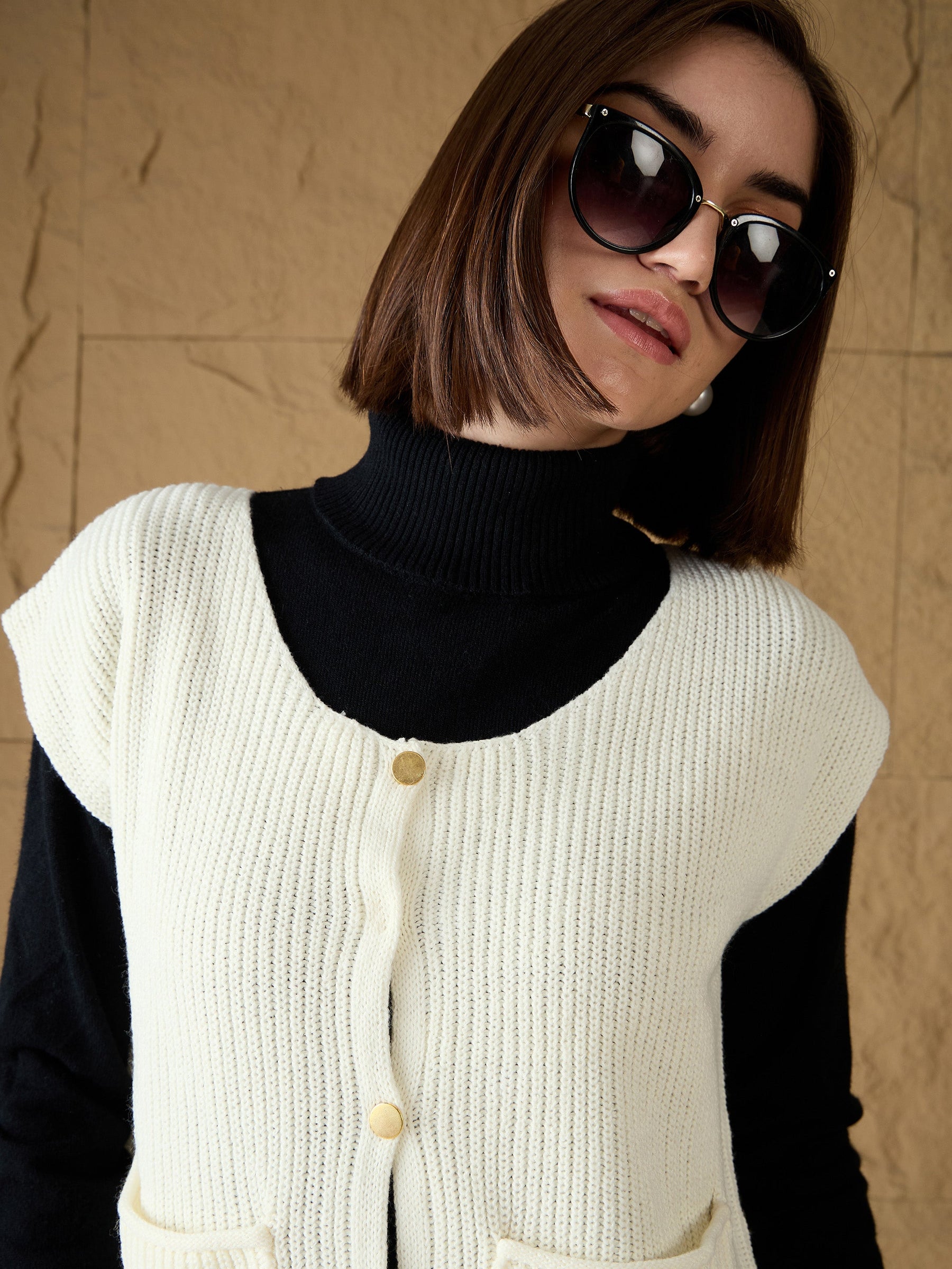 White Front Button Extended Sleeves Pocket Sweater -SASSAFRAS