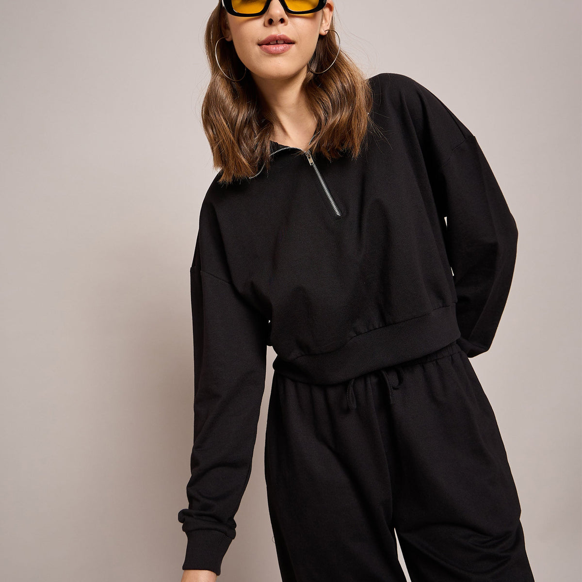 Buy Women Black Terry Oversized Zipper Sweatshirt Online at Best