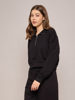 Black Terry Oversized Zipper Sweatshirt-SASSAFRAS BASICS