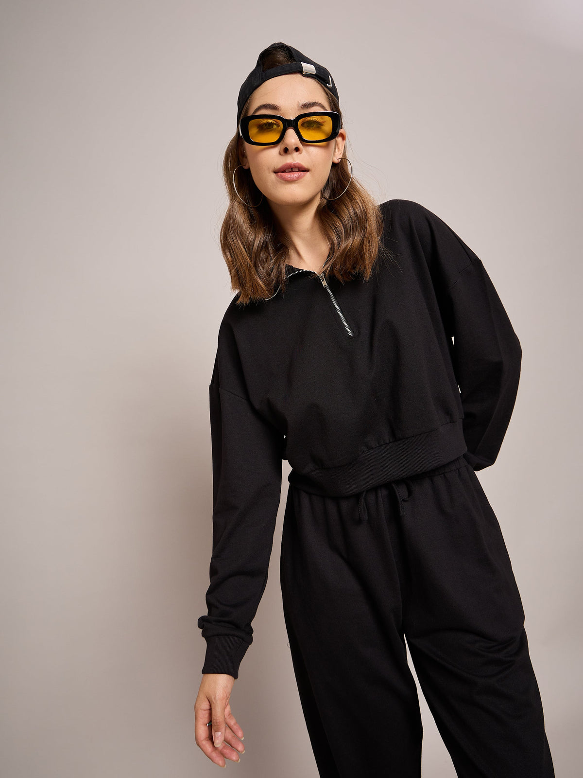 Black Terry Oversized Zipper Sweatshirt With Baggy Joggers-SASSAFRAS BASICS