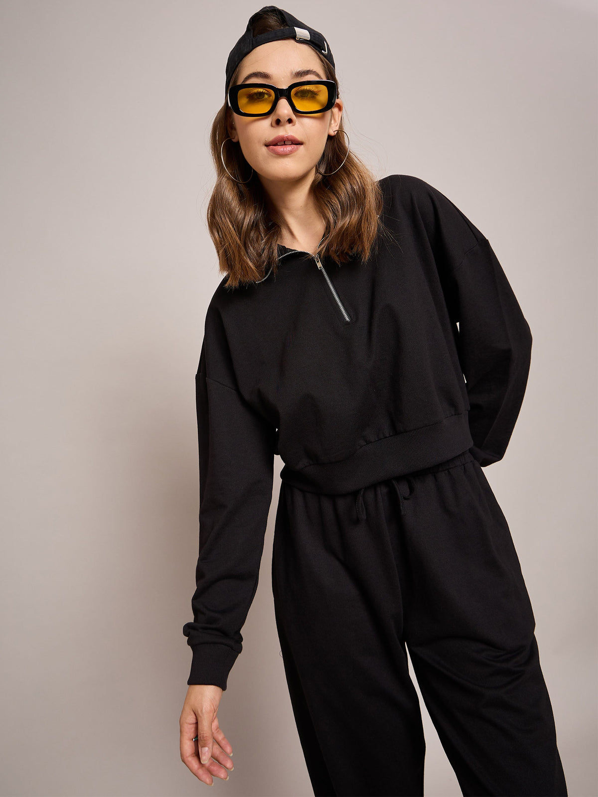 Black Terry Oversized Zipper Sweatshirt With Baggy Joggers-SASSAFRAS BASICS