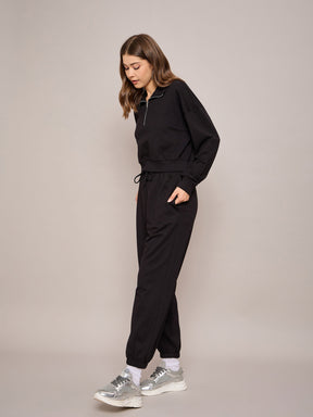 Black Terry Oversized Zipper Sweatshirt With Baggy Joggers-SASSAFRAS BASICS