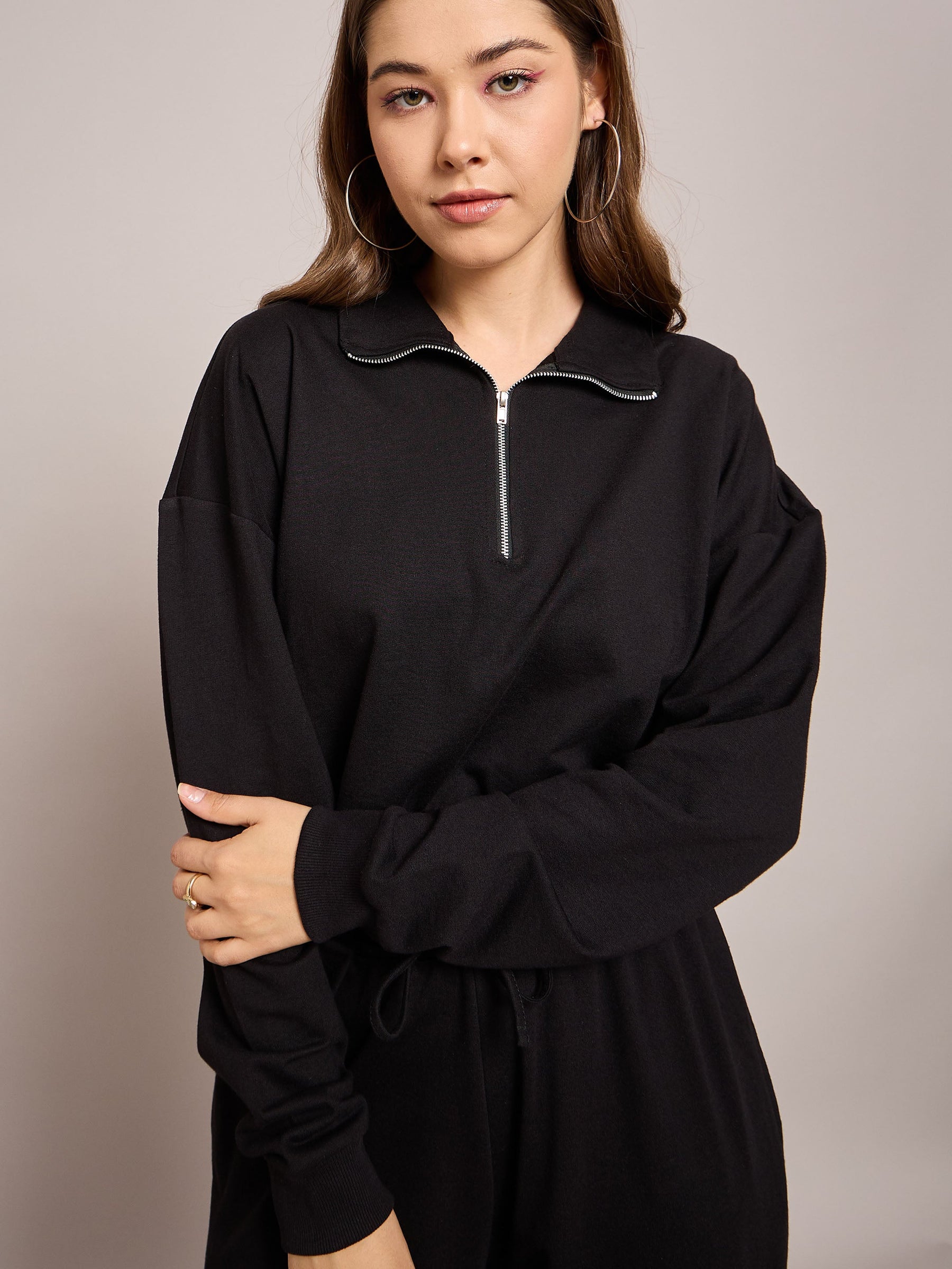 Black Terry Oversized Zipper Sweatshirt With Baggy Joggers-SASSAFRAS BASICS