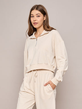 Off White Terry Oversized Zipper Sweatshirt-SASSAFRAS BASICS