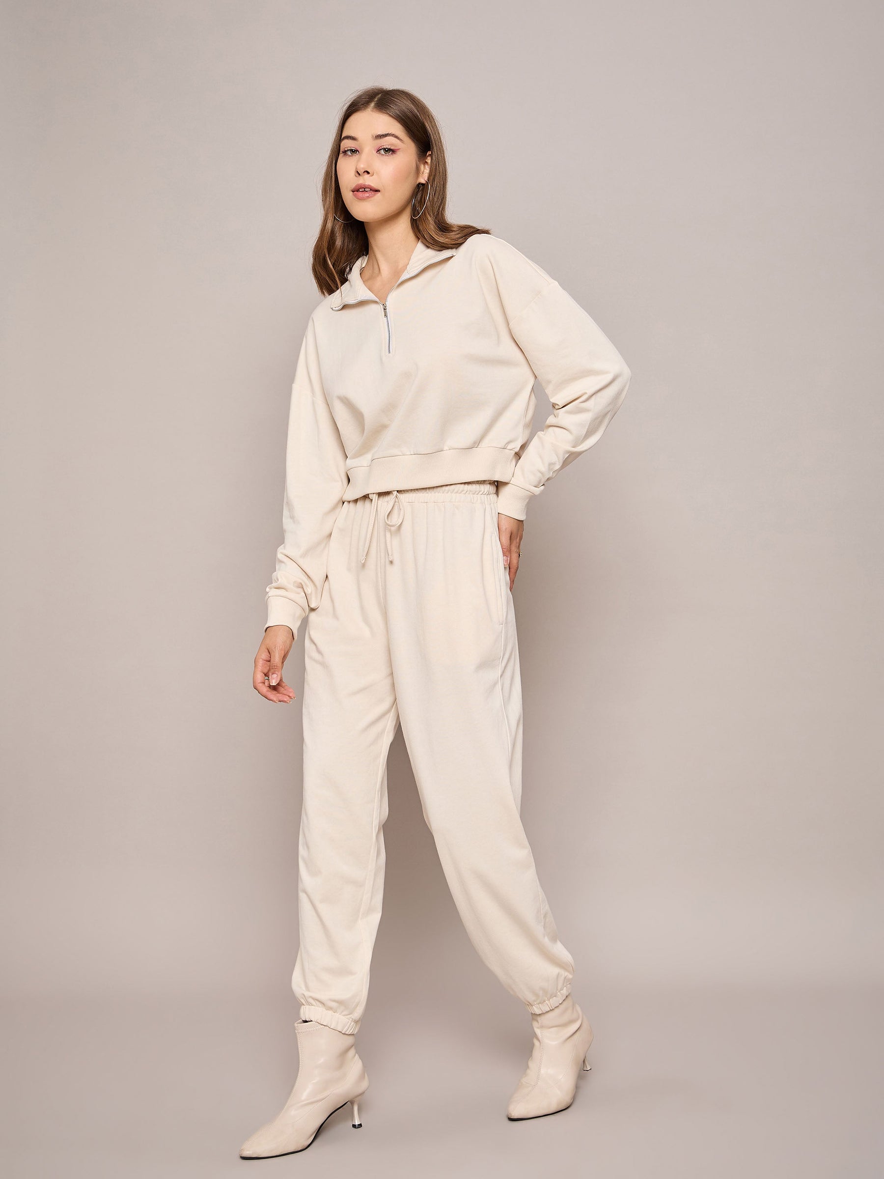 Off White Terry Oversized Zipper Sweatshirt With Baggy Joggers-SASSAFRAS BASICS