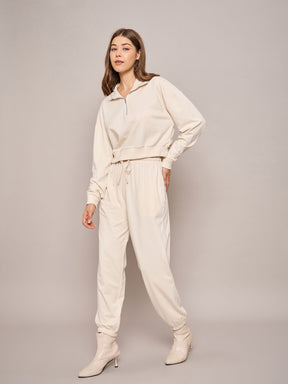 Off White Terry Oversized Zipper Sweatshirt With Baggy Joggers-SASSAFRAS BASICS