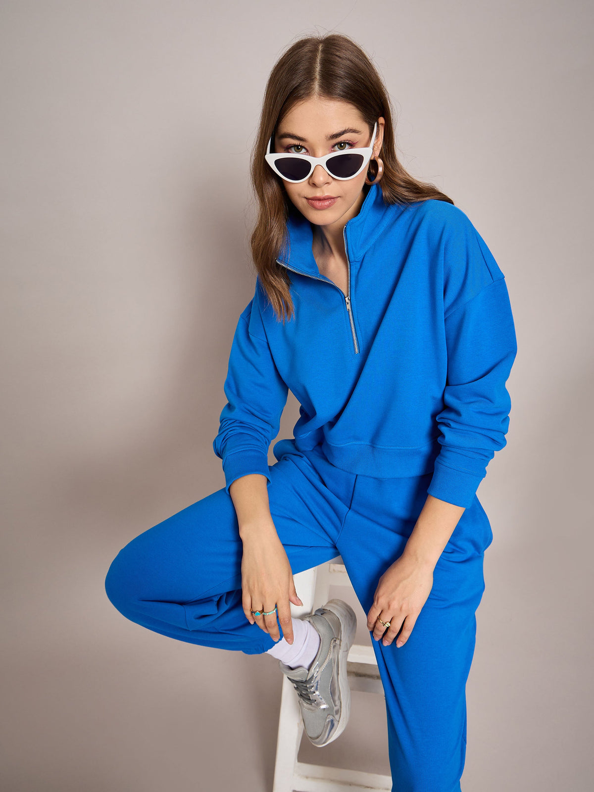 Royal Blue Terry Oversized Zipper Sweatshirt With Baggy Joggers-SASSAFRAS BASICS