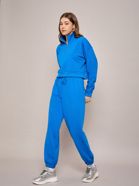 Royal Blue Terry Oversized Zipper Sweatshirt With Baggy Joggers-SASSAFRAS BASICS